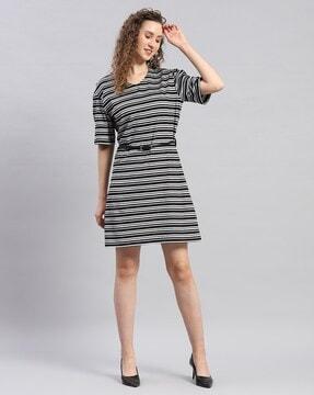 women striped round-neck a-line dress