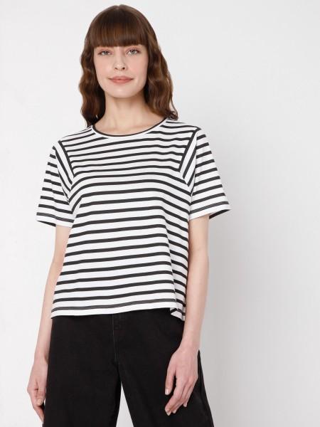 women striped round neck cotton blend black t-shirt