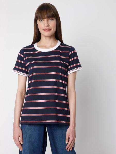 women striped round neck cotton blend blue t-shirt