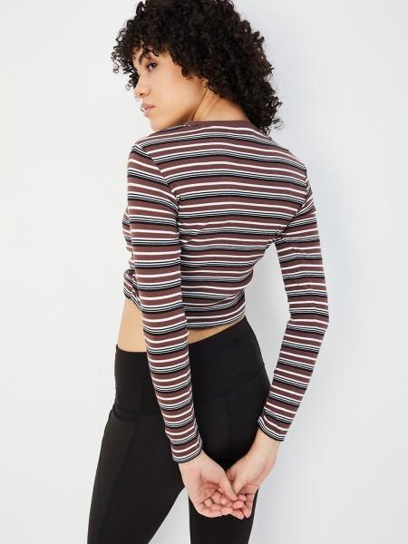 women striped round neck cotton blend brown t-shirt