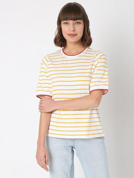 women striped round neck cotton blend gold, white t-shirt