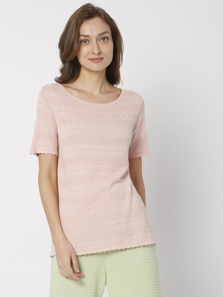 women striped round neck cotton blend pink t-shirt