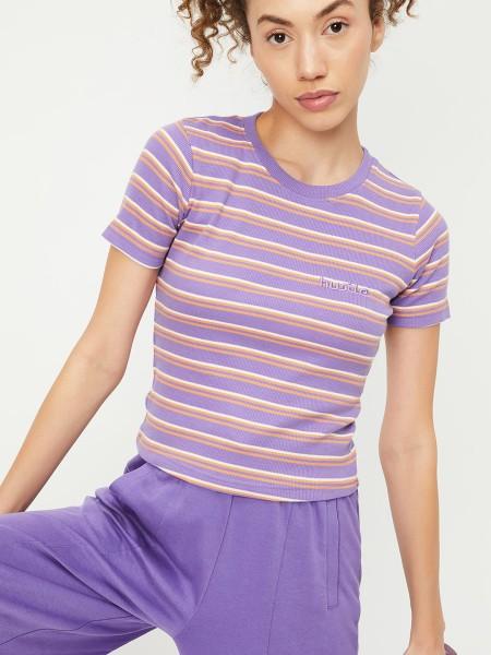 women striped round neck cotton blend purple t-shirt