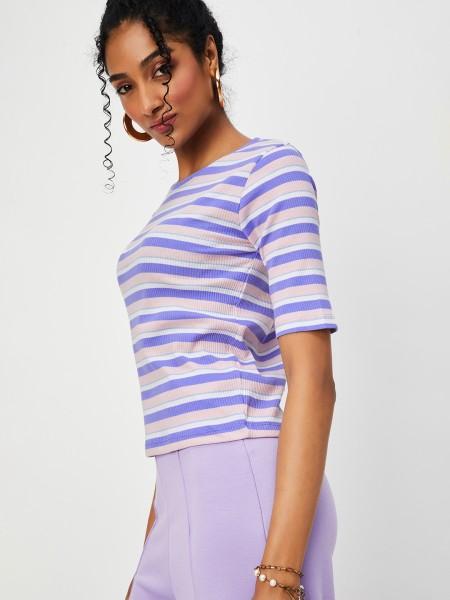 women striped round neck cotton blend purple t-shirt