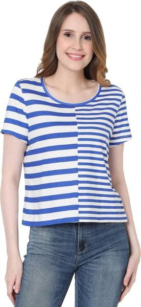 women striped round neck cotton blend white, blue t-shirt