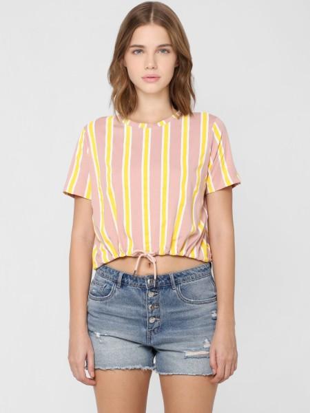 women striped round neck cotton blend white, pink, yellow t-shirt