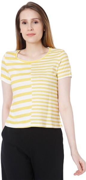 women striped round neck cotton blend yellow t-shirt