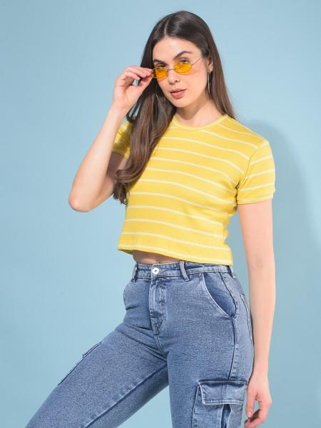 women striped round neck cotton blend yellow t-shirt