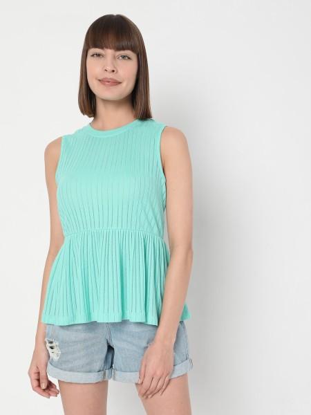 women striped round neck polyester green t-shirt