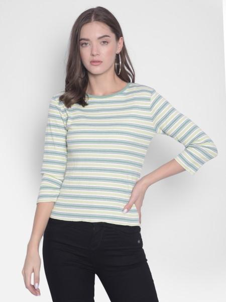 women striped round neck polyester green t-shirt