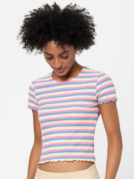 women striped round neck polyester pink t-shirt