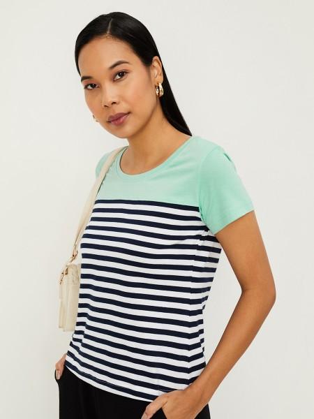 women striped round neck pure cotton beige t-shirt