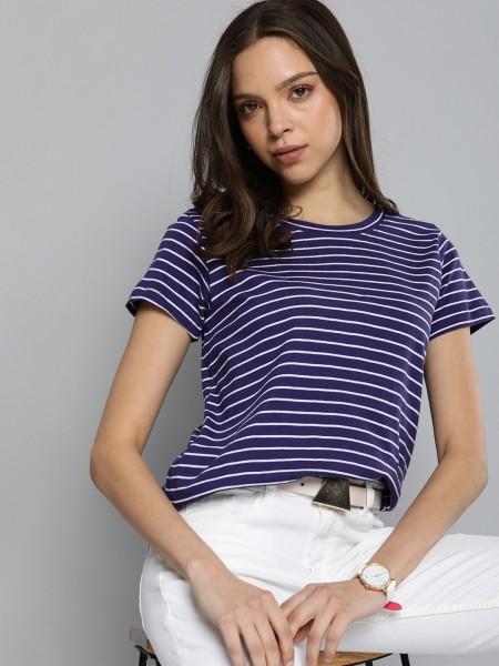 women striped round neck pure cotton blue t-shirt