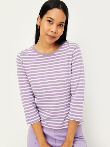 women striped round neck pure cotton purple t-shirt