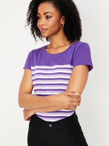 women striped round neck pure cotton purple t-shirt