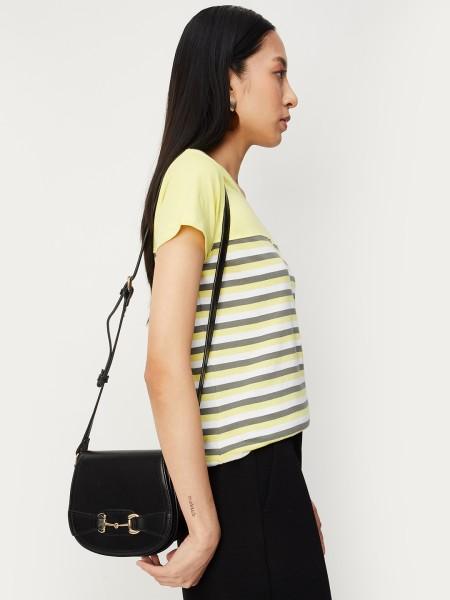 women striped round neck pure cotton yellow t-shirt