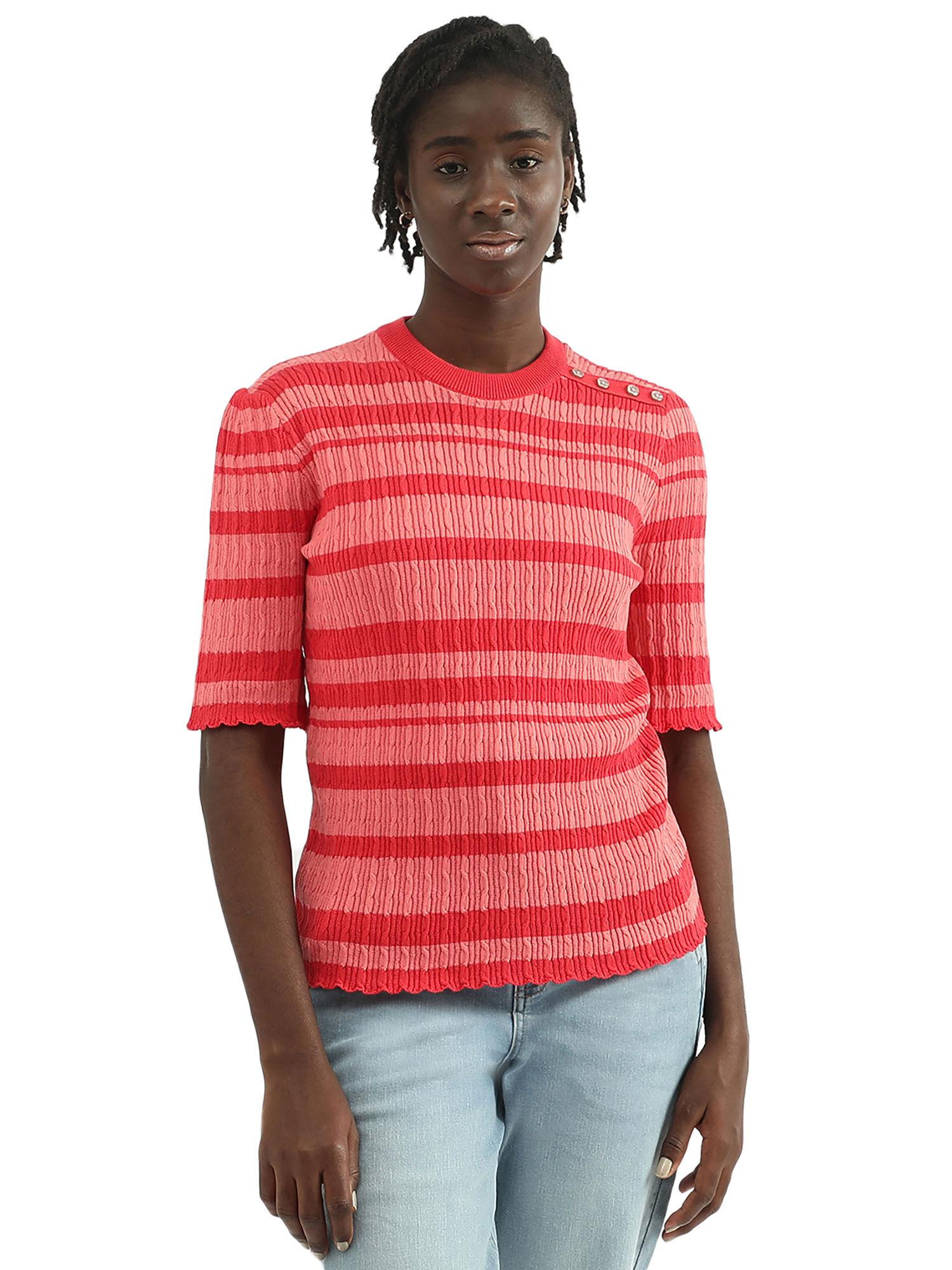 women striped round neck red top