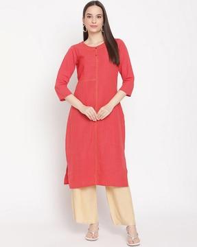 women striped round-neck straight kurta