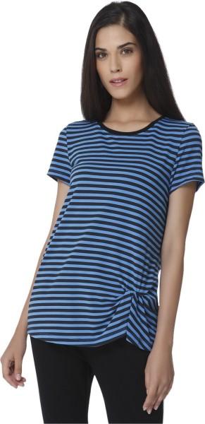 women striped round neck viscose rayon blue t-shirt