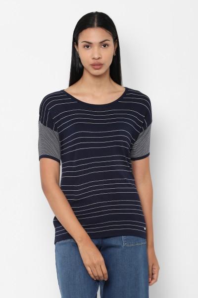 women striped round neck viscose rayon blue t-shirt