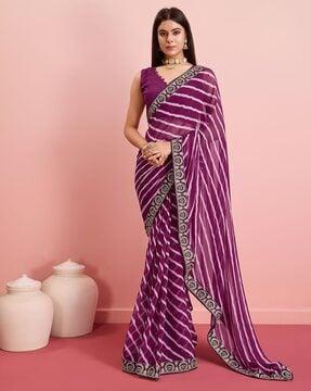 women striped saree with lace border & unstitched blouse piece