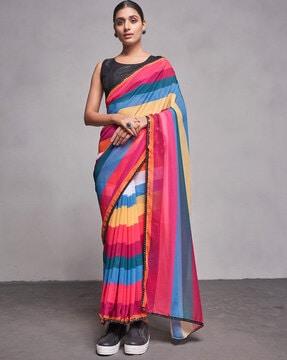 women striped saree with lace border