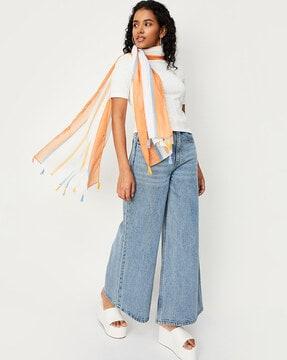 women striped scarf with tassels