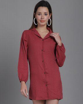 women striped shirt dress with cuban collar