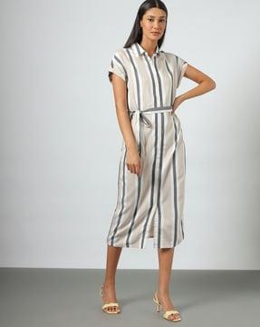 women striped shirt dress with detachable waist tie-up