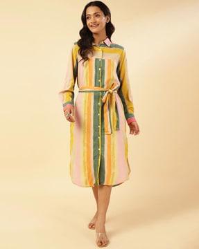 women striped shirt dress with tie-up belt