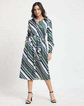 women striped shirt dress with tie-up front