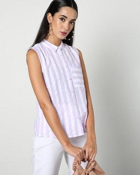 women striped shirt with patch pocket