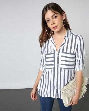 women striped shirt with patch pockets