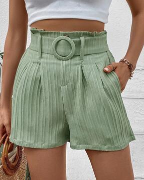 women striped shorts with belt