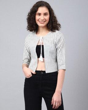 women striped shrug with tie-up