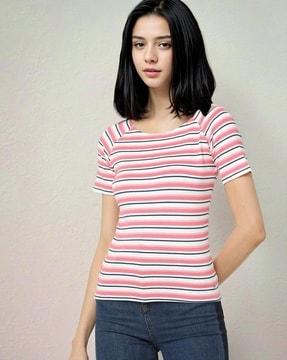 women striped slim fit round-neck t-shirt