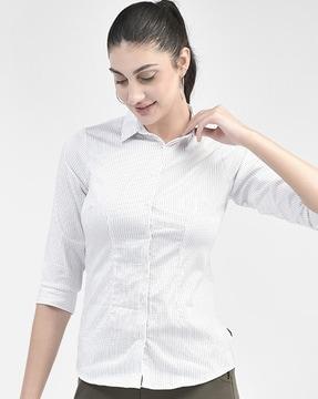 women striped slim fit shirt wit spread collar