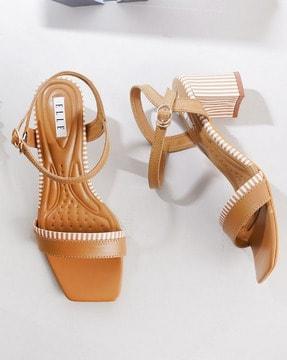 women striped slingback chunky heeled sandals