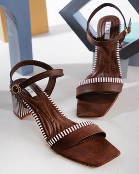 women striped slingback chunky heeled sandals