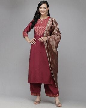 women striped straight kurta & palazzos with dupatta