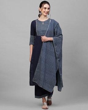 women striped straight kurta & palazzos with dupatta