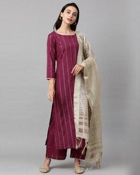 women striped straight kurta & palazzos with dupatta