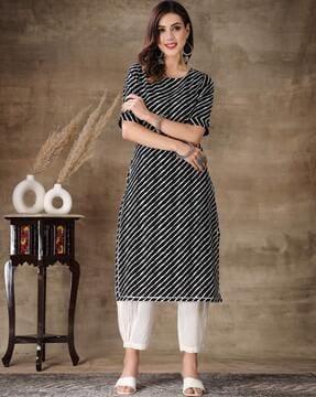 women striped straight kurta & pants set