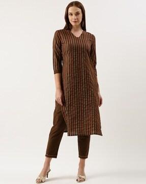 women striped straight kurta & pants set