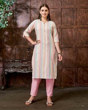 women striped straight kurta & pants set