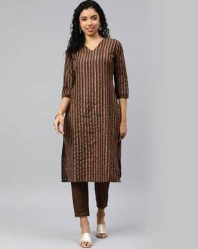 women striped straight kurta & pants set