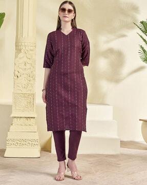 women striped straight kurta & pants set