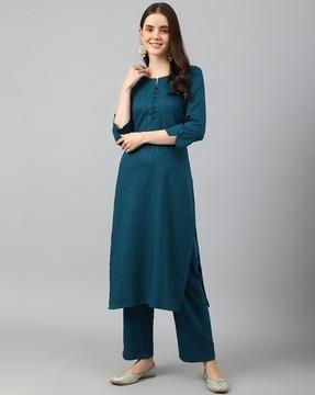 women striped straight kurta & pants set