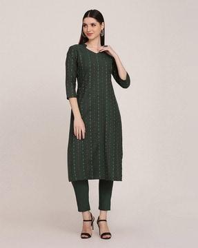 women striped straight kurta & pants set