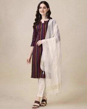 women striped straight kurta set with dupatta